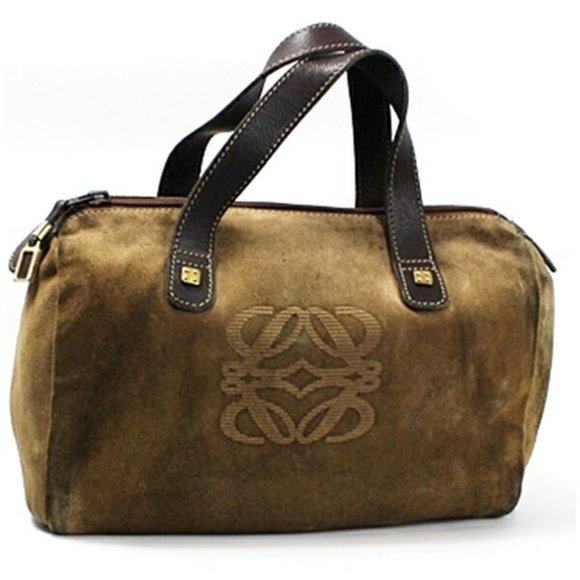 LOEWE Anagram Amazona 28 Handbag Boston Bag Suede x Leather Beige Dark Brown ... - Picture 1 of 12